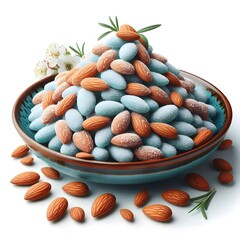 A pile of candied almonds isolated in a plate on a white background.