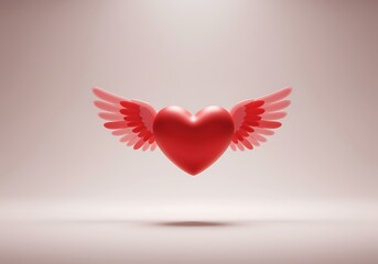 Romantic Red Heart with Angel Wings Flying on Pastel Background for Valentines Day Celebration