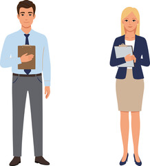 Business professionals holding clipboards, formal office attire, workplace posture, corporate staff illustration, vector characters in professional business setting
