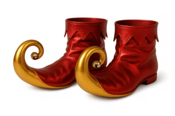 Pair of red and gold elf shoes with curly toes on transparent background