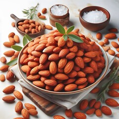 A pile of candied almonds isolated in a plate on a white background.
