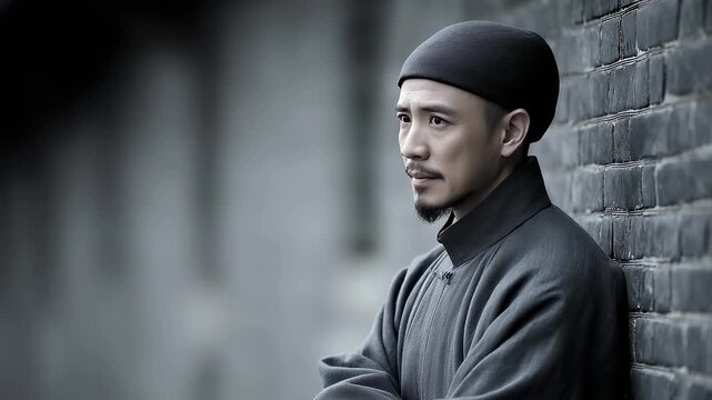 A man in the Republic of China, wearing a long gown, leans against the wall in contemplation