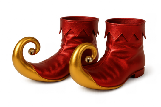 Pair of red and gold elf shoes with curly toes on transparent background