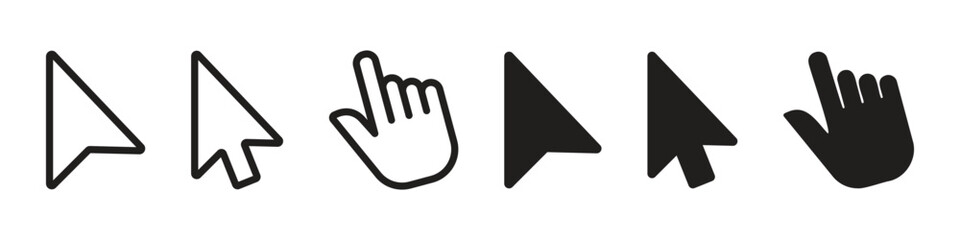 Cursor icon. Computer mouse pointer arrow and hand for click and select symbol. Transparent vector