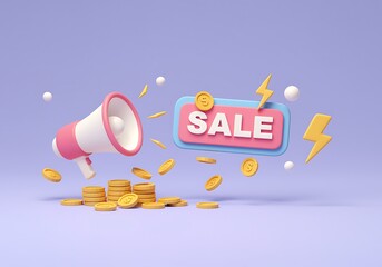 Sale announcement with megaphone and golden coins promotion and discounts for online shoppers and businesses a 3D render
