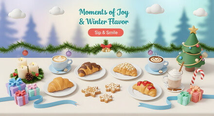 Festive christmas morning breakfast spread with pastries hot drinks and holiday decorations creating a cozy winter scene