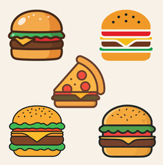 A vibrant vector illustration of a classic fast food set with a juicy hamburger, crispy fries, and a refreshing drink