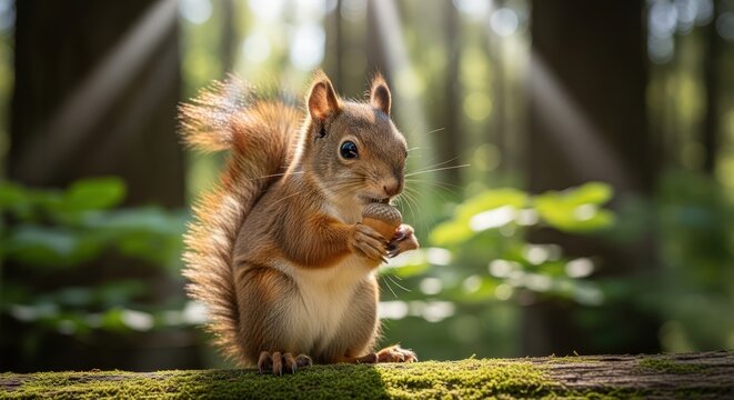 A cute red squirrel sits on a mossy log, holding a nut, with dappled sunlight filtering through the forest trees in the background. - Powered by Adobe