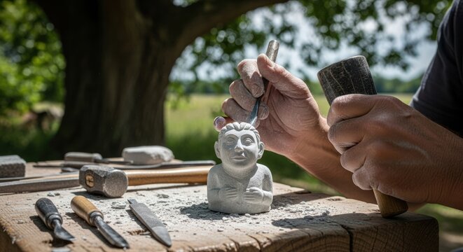 Stone Carver Working on a Figurine Sculpture Outdoors - Powered by Adobe