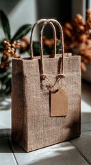 Beige jute gift bag, tag