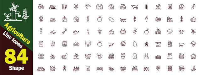 Agriculture editable Line art vector Icons Set. 84 Symbols for Farming and Rural Life, agriculture, farming, rural, icons, water, line, icons, living, sheep, machinery, apple, farm illustration.  © Logo Solution