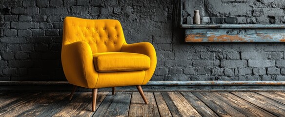 Stylish mustard yellow armchair in a dark room