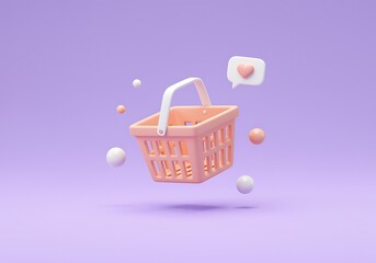 Shopping basket with heart and spheres against a lavender background for online sales and ecommerce marketing