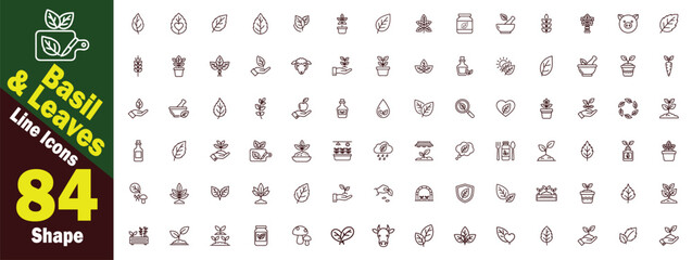 Basil and Leaves Line art editable Icons Set. Including Herbs, Plants, plants, organic, nature, food, drink, health, wellness, gardening, agriculture, growth, sand Organic Concepts vector illustration