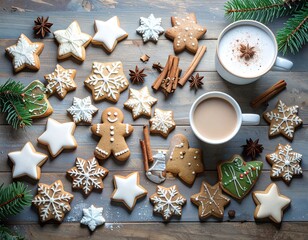 Festive Christmas cookies with icing and hot drinks on a wooden surface.
