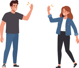 Friendly greeting, waving characters, casual fashion, cartoon illustration, social interaction, vector people, smiling pose, gesture motion, clipart, communication
