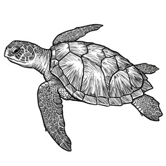 Fototapeta premium Line art of sea turtle with detailed shell patterns, minimal ocean wildlife illustration, elegant aquatic design