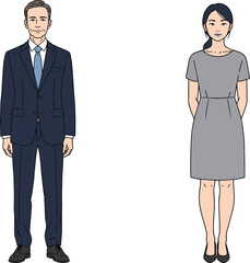 Professional attire illustration, business outfit vector, male and female clothing, corporate fashion design, formal wear concept, workplace style comparison