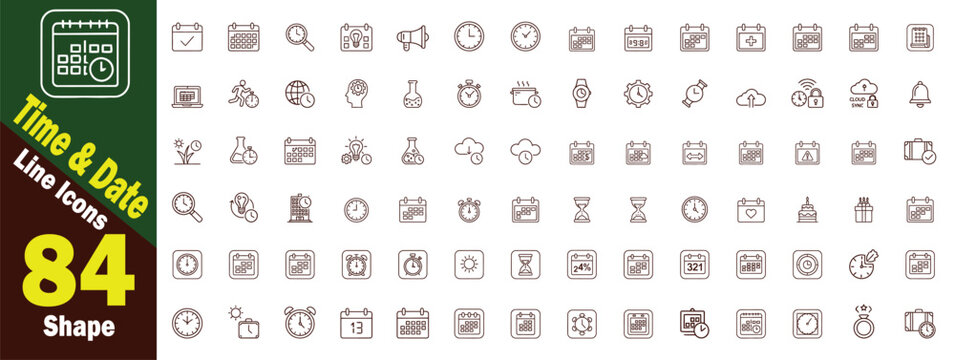 Time and Date Icons Set.  Set of 84 abstract digital vector including clock, symbol, calendar, graphics, modern, concept, technology, ui, interface, flat, style, symbolization, numbers  illustration. 