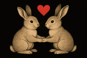 Obraz premium Two rabbits holding paws with red heart above them on black background, expressing love and affection
