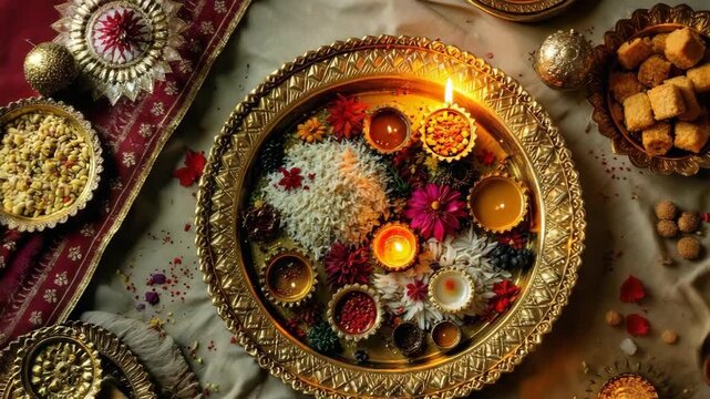 Devotional hands light traditional diyas on a festive golden thali with ritual offerings for diwali kali chaudas and narak chaturdashi