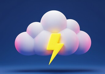 Stylized Weather Cloud with a Yellow Lightning Bolt against a Dark Blue Background Rendering