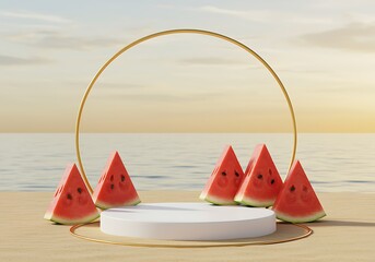 Summer Fruit Showcase Podium with Watermelon Slices and Golden Accents on Beach Background for Creative Displays