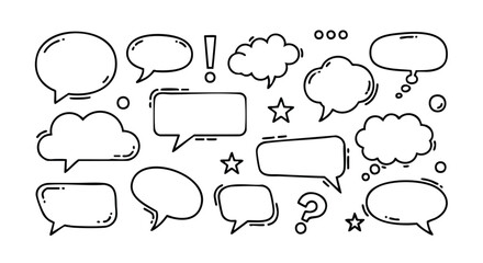 Fototapeta premium Dynamic collection of diverse speech bubbles, thought clouds, and punctuation for creative communication design