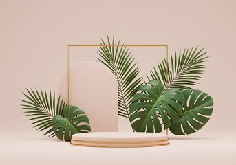 Tropical Podium with Monstera and Palm Leaves Elegant Product Display Platform for Cosmetic or Beauty Products Presentation and Marketing