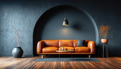 Dark, moody living room with tan leather couch and arched alcove