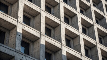 Modern Brutalist Concrete Building Facade with Grid Pattern