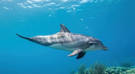Fototapeta premium A striped dolphin swimming in clear blue water near coral reefs.