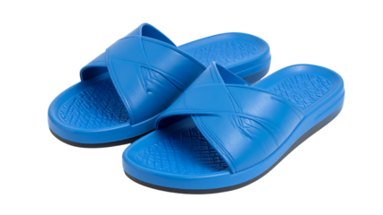 A pair of bright blue slide sandals with a criss-cross strap design, perfect for casual wear or beach outings