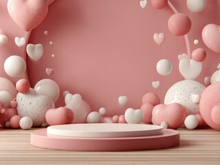 Fototapeta premium Pink & white 3D hearts & spheres, podium