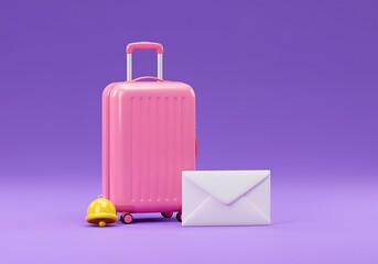 Vibrant Pink Suitcase Ready for Vacation Adventure with Notification Bell and Invitation Letter on Purple Background Travel Concept