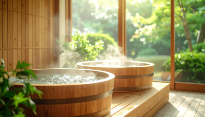 日本の檜風呂と森林の温泉スパ｜朝日差し込む旅館の内湯で湯気漂う癒しのリラクゼーション空間