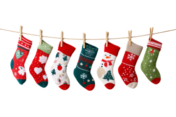 Christmas stockings with various traditional colorful holiday ornaments. Hanging children clothing elements with cute xmas patterns on rope. Red, green socks with snowflakes, snowman isolated on trans