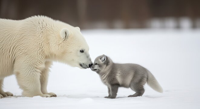 Touching Moment: Polar Bear Nuzzles Arctic Fox Cub in Snowy Wilderness