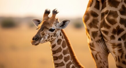 Obraz premium Close-up shot of a baby giraffe standing next to its mother in the wild during sunset.