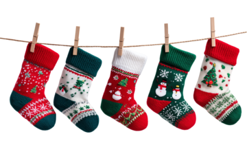 Christmas stockings with various traditional colorful holiday ornaments. Hanging children clothing elements with cute xmas patterns on rope. Red, green socks with snowflakes, snowman isolated on trans