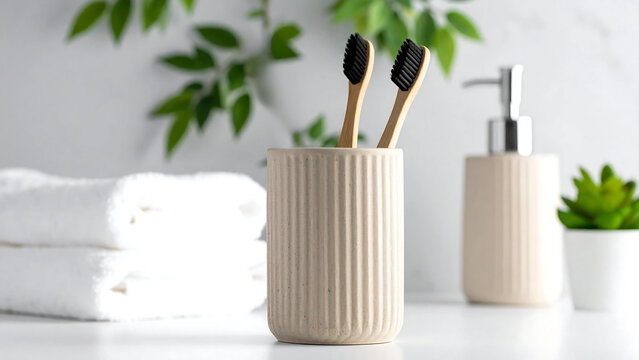 Bathroom essentials Eco-friendly bamboo toothbrush holder and soap dispenser