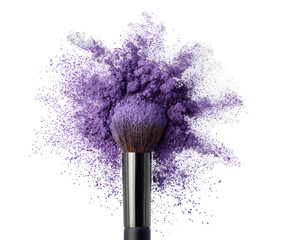 Purple powder explosion around makeup brush