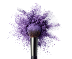 Purple powder explosion around makeup brush