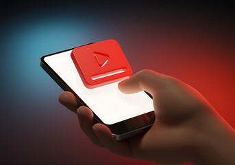 Watching Videos Online on a Mobile Phone Hand holding Smartphone with Red Play Button Modern Digital Technology and Entertainment Concept