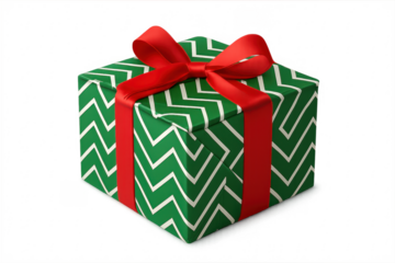 Green gift box wrapped with red ribbon on transparent background