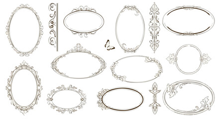 Elegant vintage decorative oval frames with ornate swirls, perfect for invitations, scrapbooking, and graphic design projects.