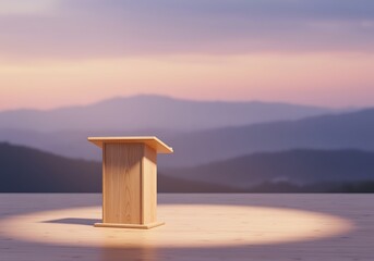 Wooden Podium with Mountain Backdrop and Soft Lighting Ideal for Presentations and Public Speaking Events with a Scenic Vista