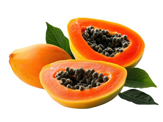 A still life of whole and halved papayas with black seeds and green leaves on a black background
