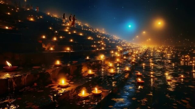 Mesmerizing diwali night with glowing diyas reflecting on water a divine celebration of kali chaudas and narak chaturdashi