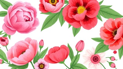 Beautiful watercolor floral arrangement with pink and red flowers and green leaves